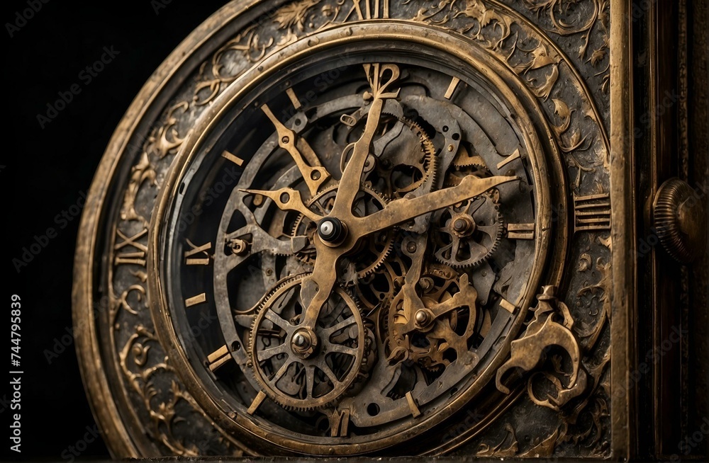Clock mechanism made in the technique of toning. Vintage bronze clock. Generative AI