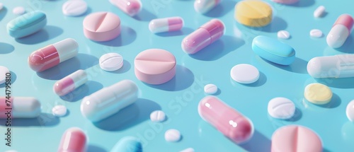 Vibrant Pills and Capsules on Turquoise Backdrop. A creative display of various pills and medical capsules in pastel colors arranged on a turquoise background. photo
