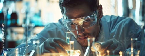 Scientist in Deep Focus at Laboratory Work. Male researcher in safety goggles engaged in precise chemical experimentation in a laboratory.