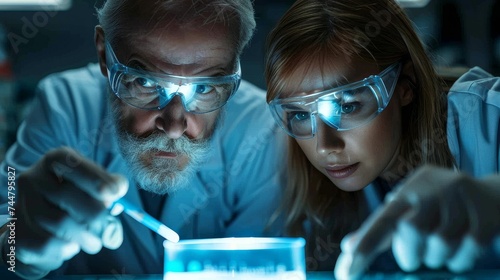 Focused Researchers Analyzing Sample in Laboratory. Close-up of two scientists in safety goggles examining a chemical sample, glowing blue light illuminating their faces.