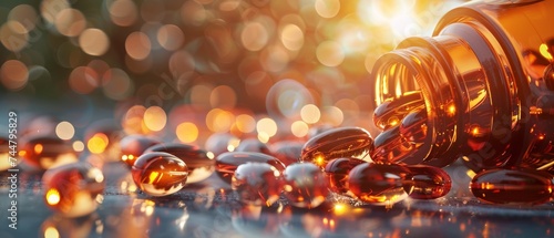 Glowing Omega-3 Fish Oil Capsules Spill. Omega-3 supplements spill from a bottle, glowing with reflected light on a dark surface. photo