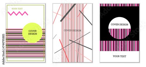 Geometric cover design, set of 3 covers. Abstract unusual background in Memphis style. Bright geometric shapes in random order