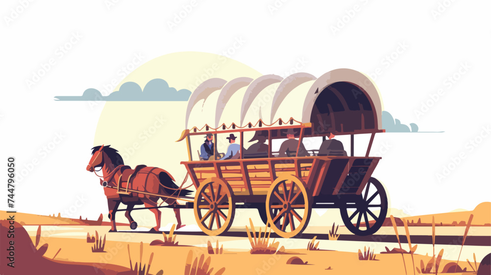 Fototapeta Covered wagon with horses and male riders vector fla