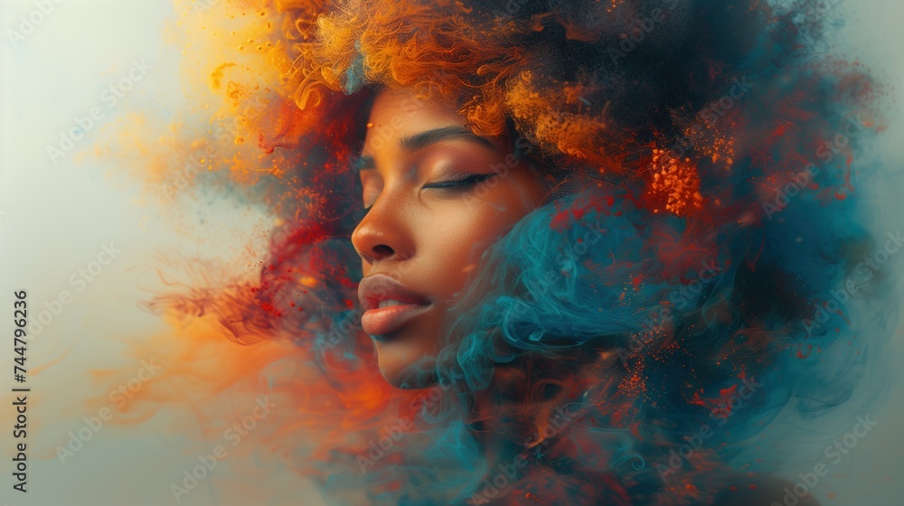 Portrait of a Black Woman with Eyes Closed Engulfed in Blue, Red, and Orange Smoke: Women's Mental Health Awareness Portrait of a Black Woman with Eyes Closed Engulfed in Blue, Red, and Orange Smoke: Women's Mental Health Awareness