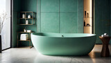 Baño moderno y elegante con bañera independiente de color verde  y decoración con madera