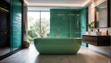 Baño moderno y elegante con bañera independiente de color verde  y decoración con madera