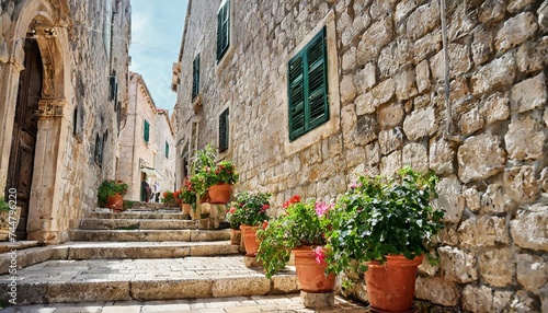 narrow street with stone stairs and pots with flowers in dubrovnik croatia