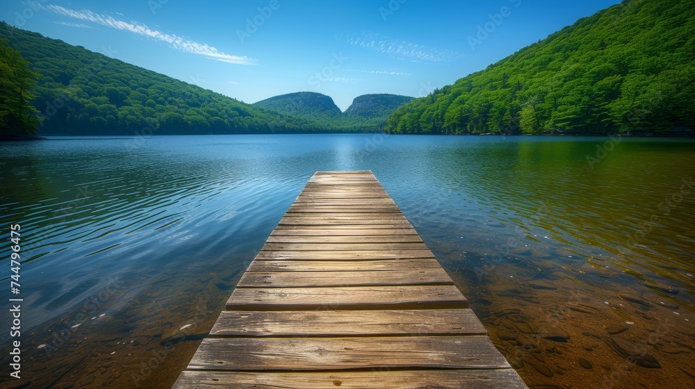 Serene Dock Leading Into a Peaceful Lake Surrounded by Lush Green Hills Under a Clear Blue Sky