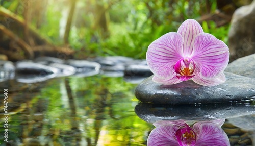 pink orchid on the stone reflected in the water