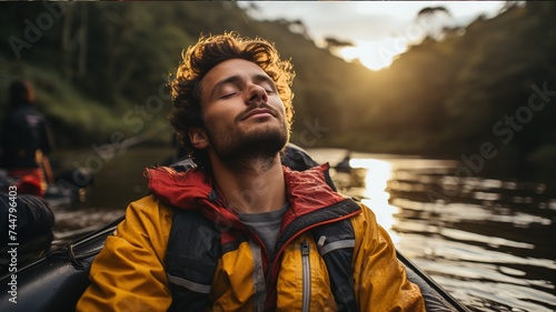 portrait of arelaxed man sitting on a boat in the middle of a wide river, sunset, summer adventure, ecotourism photo