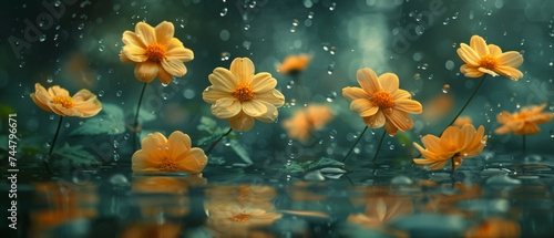 Captivating image of vibrant orange flowers gracefully floating on water with raindrops creating ripples around, symbolizing tranquility and renewal