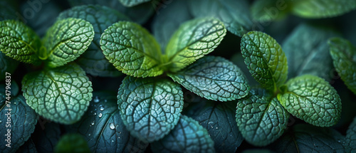 Close-up of fresh mint leaves showing detailed texture and vibrant green hues, highlighted by the presence of water droplets