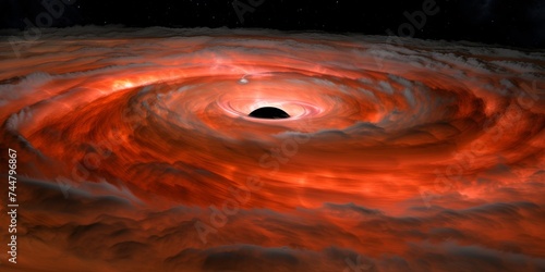 An eerie black hole swallows light at the heart of a swirling red nebula, displaying the mysteries of the universe