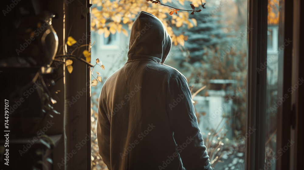 Person in hoodie looking out a window at autumn leaves, conveying solitude and contemplation. Person in hoodie looking out a window at autumn leaves, conveying solitude and contemplation.
