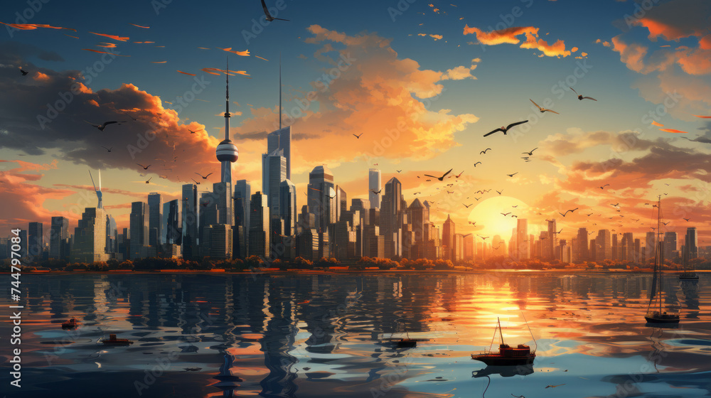 Vibrant Skyline: A Stunning Cityscape of Sunset and Skyscrapers Reflecting in Water with Urban Architecture and Tower Silhouettes at Night, generative AI