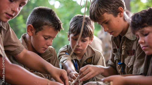 Group of young scouts in uniform working together on a project outdoors.