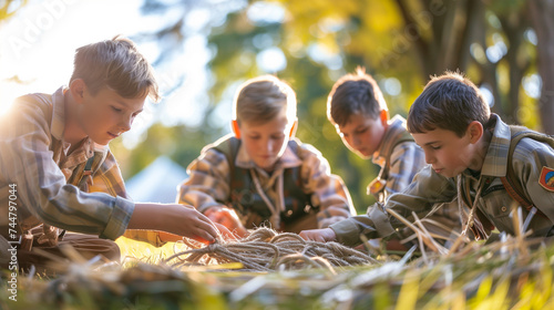 Group of boy scouts working together outdoors on a sunny day.