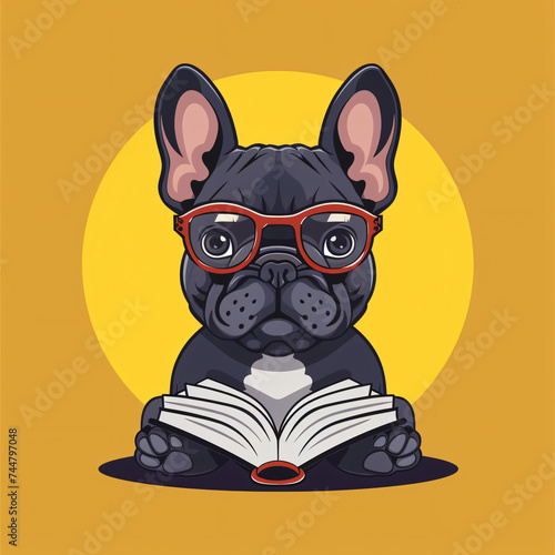 Cartoon logo of a french bulldog wearing glasses and reading a book, dog, bulldog, french bulldog, french, pet, animal, puppy, white, isolated, cute, breed, mammal, portrait, domestic, adorable © Pana