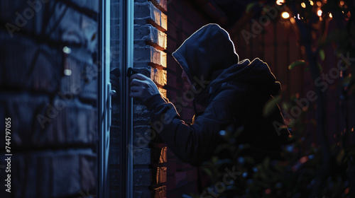 Silhouette of a hooded figure breaking into a house at dusk, concept of burglary and home security.