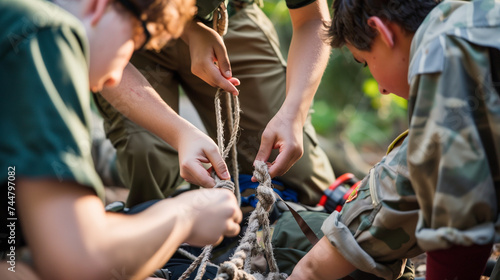 Scouts in uniform learning to tie knots during an outdoor camping activity.