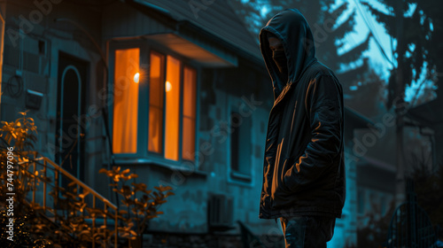 Mysterious person in hoodie standing outside a house at night with warm light from a window.