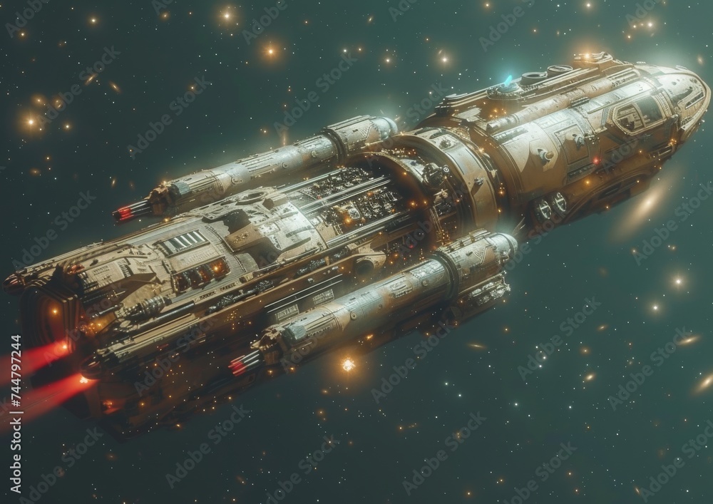 Advanced starship navigating through space, ideal for sci-fi enthusiasts and futuristic themed projects Advanced starship navigating through space, ideal for sci-fi enthusiasts and futuristic themed projects