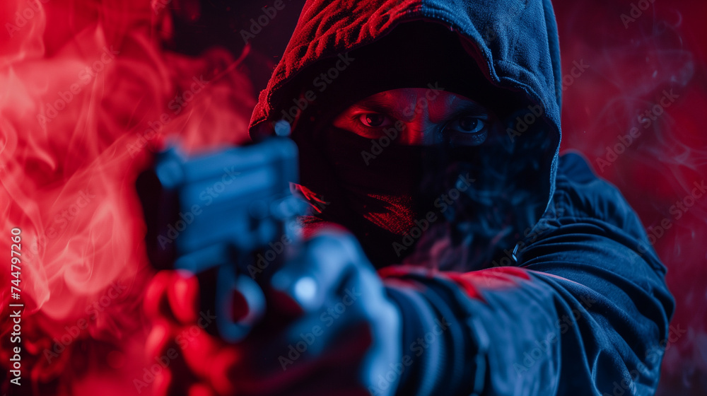 Mysterious person in hoodie aiming a gun with focus on the weapon, dark and moody atmosphere. Mysterious person in hoodie aiming a gun with focus on the weapon, dark and moody atmosphere.