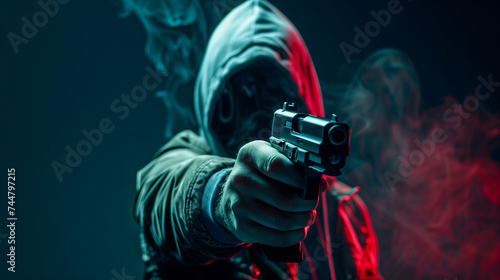 Mysterious person in hoodie aiming a gun with focus on the weapon, dark and moody atmosphere.