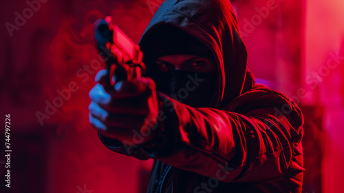 Mysterious person in hoodie aiming a gun with focus on the weapon, dark and moody atmosphere.