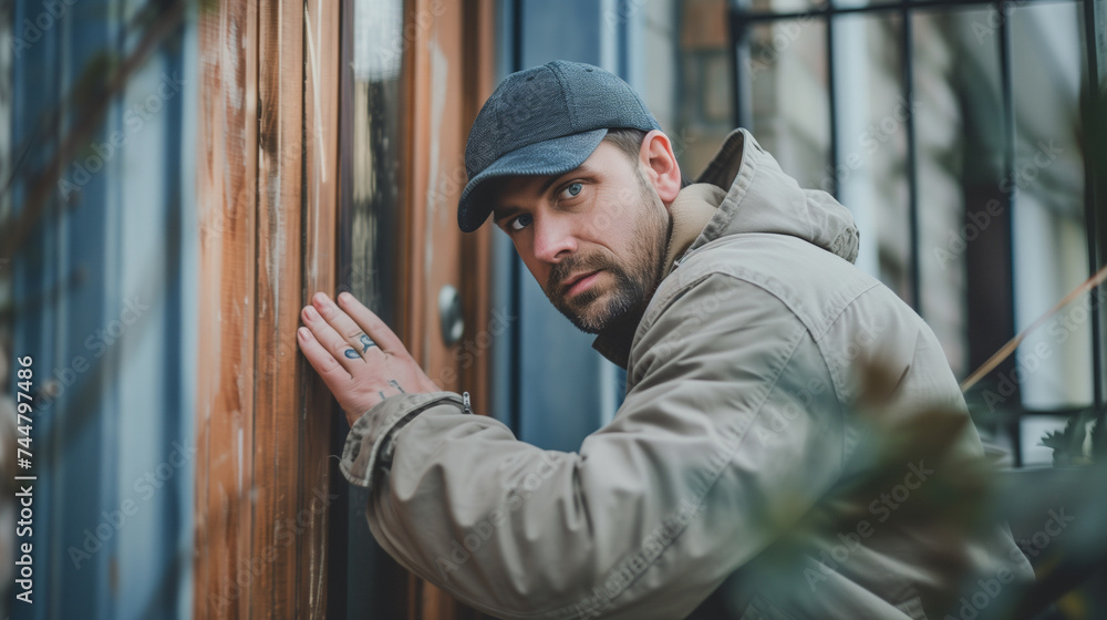 Man in a cap and jacket peeking through a wooden door, with a curious expression. Man in a cap and jacket peeking through a wooden door, with a curious expression.