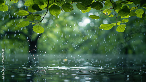 A serene image capturing raindrops falling gently on vivid green leaves with a blurred watery background