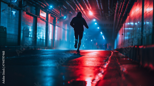 Silhouette of a person running in an urban alley with neon lights at night, creating a moody and futuristic atmosphere.