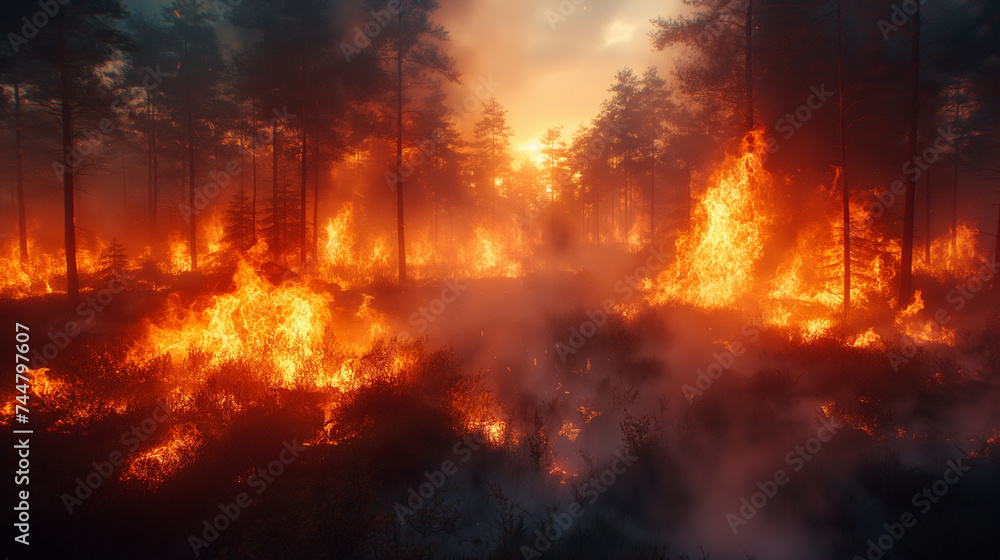Trees in the fire in forest. Nature care concept. Selective focus. Trees in the fire in forest. Nature care concept. Selective focus.