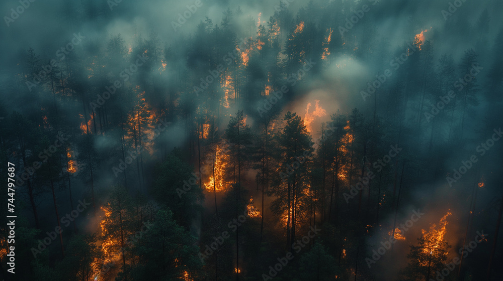 Top view of forest fire in the evening. Nature care concept. Selective focus 