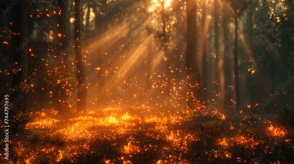 Trees in fire in the forest. Selective focus. Nature care concept. Day time  - obrazy, fototapety, plakaty 