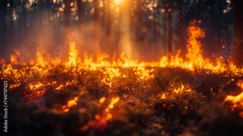 Grass in the fire in the forest. Nature care concept. Selective focus 