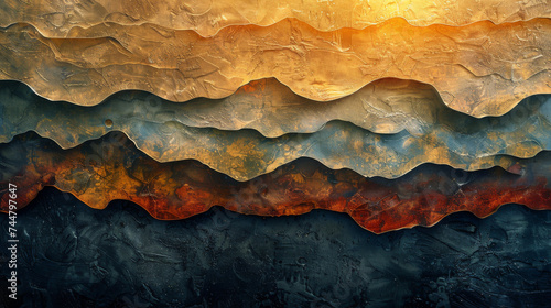 An abstract representation of a landscape with layered textures in red, orange, and blue hues