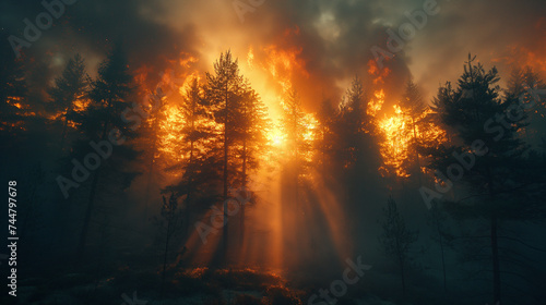 Evening time. Trees in fire in the forest. Selective focus. Nature care concept 