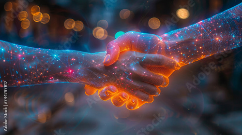 Hands shake with a digital network light circuit, representing artificial intelligence, human AI technology interaction and connection.