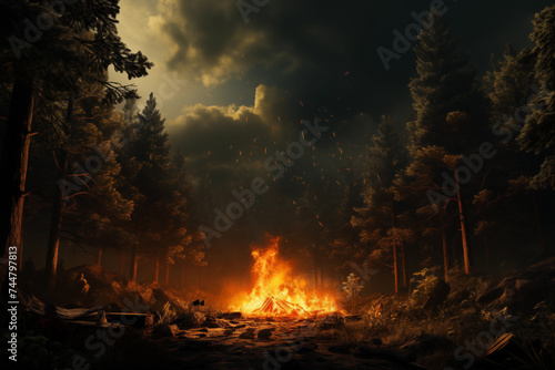 Fire in the forest at night. Nature care concept Selective focus. Copy space. Dark photo 
