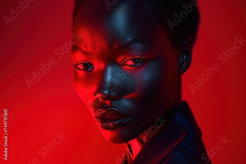 Close-Up Fashion Portrait of African Woman in Red-Lit Photography Studio