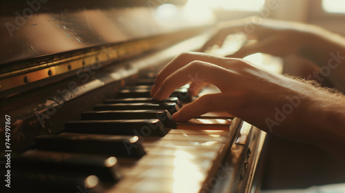 Close-up of a person's hand playing piano keys with warm lighting.