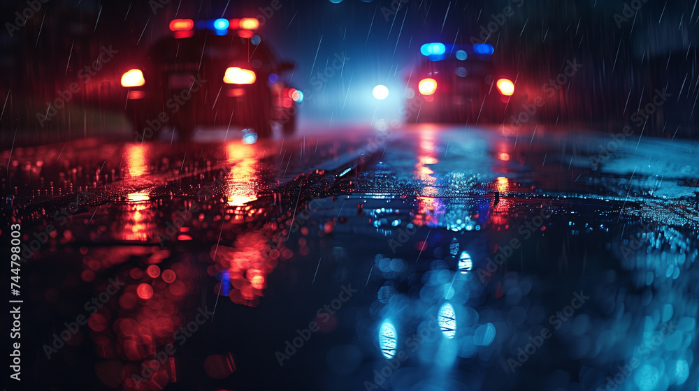 Emergency vehicles with flashing lights on a rainy night, reflective wet asphalt surface.
