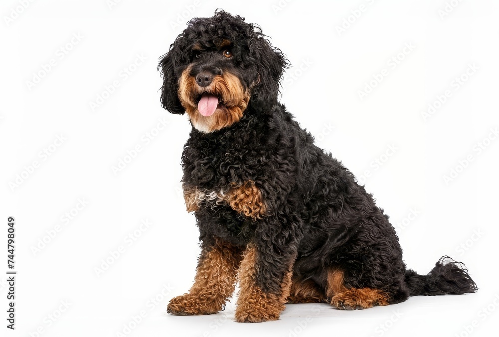 A charming Barbet dog sits with a happy demeanor, its curly black and tan coat standing out on a white background. A charming Barbet dog sits with a happy demeanor, its curly black and tan coat standing out on a white background.