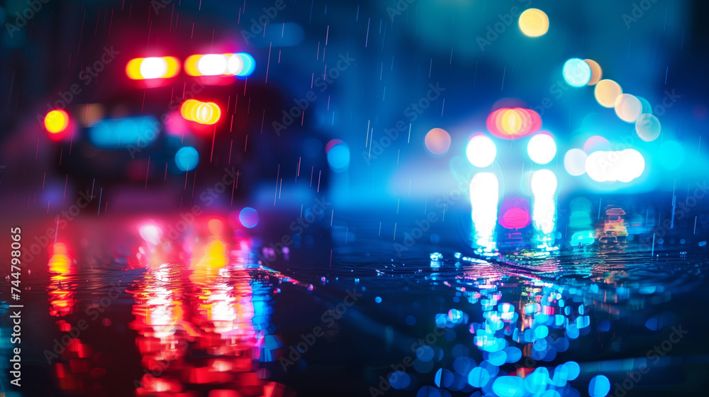 Vibrant city lights reflecting on wet pavement during a rainy night, with bokeh and emergency vehicle lights. Crime scene