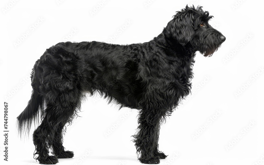 A black Barbet dog stands in an inquisitive stance, its thick curls and bright gaze prominent on white.