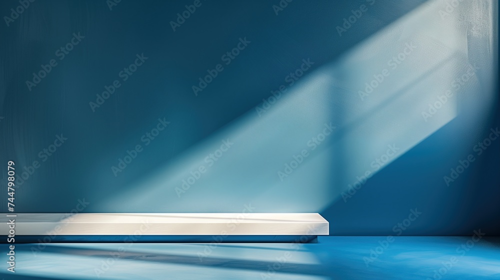 Empty White Bench in Blue Gym, Sunlight Shines Through Window - Space for Copy Text Empty White Bench in Blue Gym, Sunlight Shines Through Window - Space for Copy Text