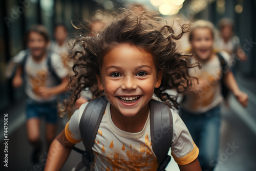 Happy children are running at corridor of school. Selective focus. Copy space. Happy childhood concept. 