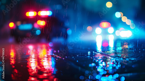 Vibrant city lights reflecting on wet pavement during a rainy night, with bokeh and emergency vehicle lights. Crime scene