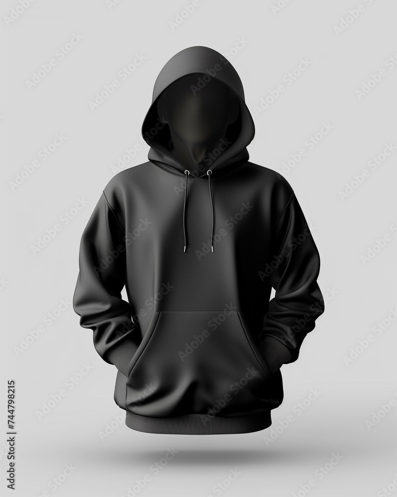 Blank black hoodie mockup on a gray background, front view. Ideal for branding and apparel design presentations.